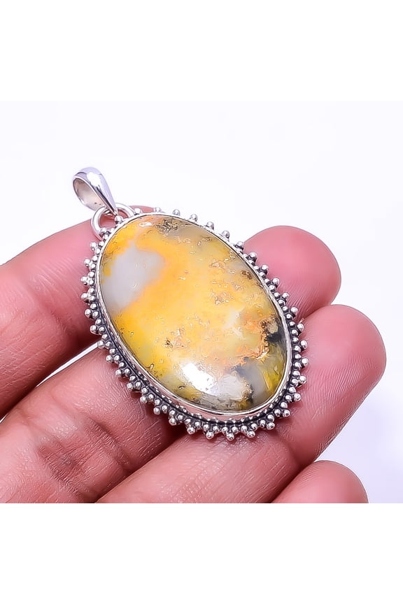 Bumble Bee Jasper -Indonesia 925 Sterling Silver Bali Pendant 1.95", Yellow Bumble Bee Jasper Pendant P_8001_322_22