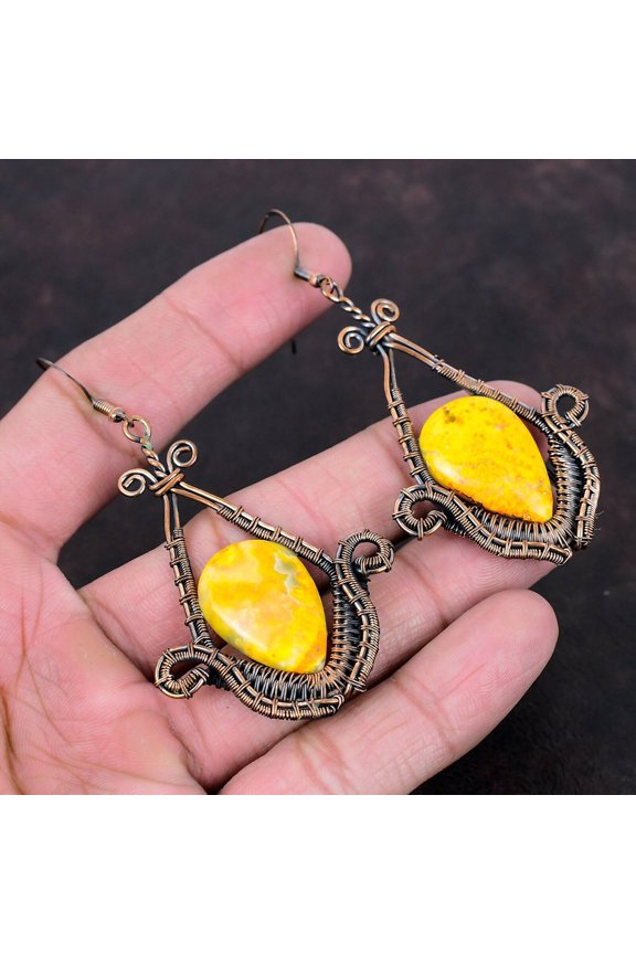 Bumble Bee Jasper Earring Copper Wire Wrapped Earrings Handmade Decent Earring Natural Gemstone Jewelry Drop Earring Copper Jewelry For Gift