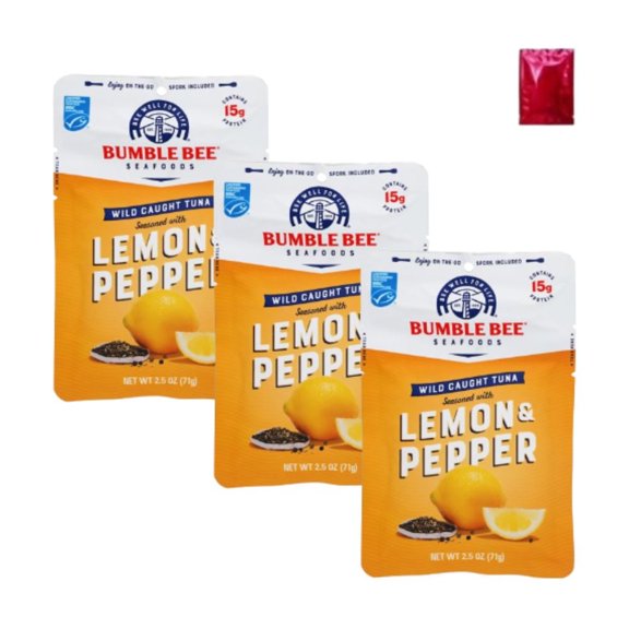 Bumble Bee Lemon & Pepper Seasoned Tuna, 2.5 oz Pouches, 3 Pack + BONUS LaPrima Morceau Bonbon | Ready-to-Eat Tuna with Spoon | On-the-Go Lunch, Snacks, Travel, Office Meals