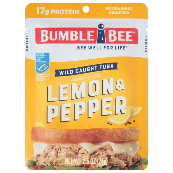 Bumble Bee Lemon & Pepper Seasoned Tuna, Wild Caught, Ready to Eat, Gluten Free, 17g of Protein per Serving, Shelf Stable Pouch, 2.5 oz