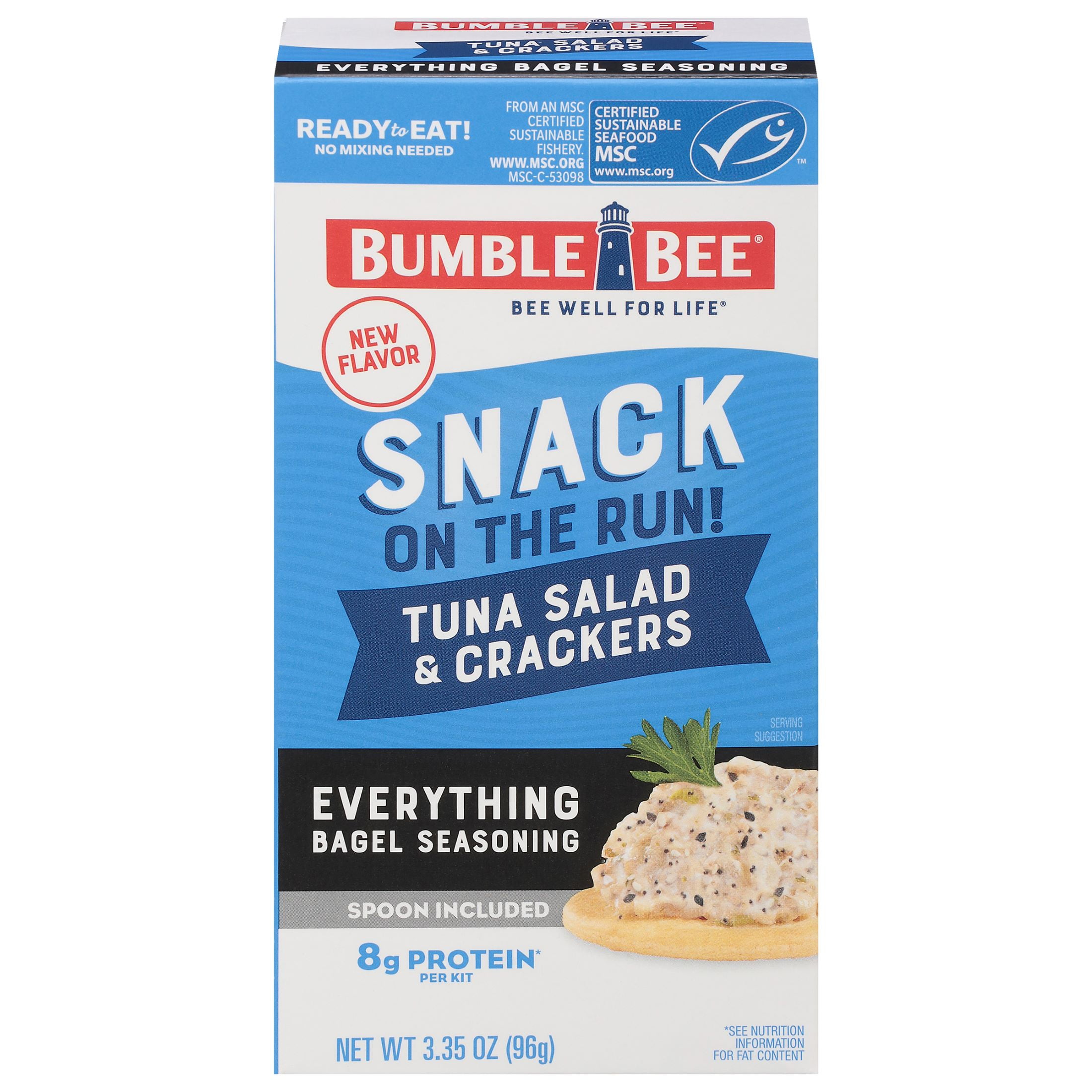 Bumble Bee Snack on The Run Everything Bagel Seasoned Tuna Salad with Crackers Kit, Wild Caught, Ready to Eat, Shelf Stable Box, 3.35oz