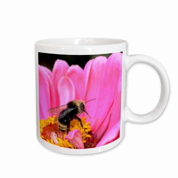3drose, Bumble Bee Macro- Zinnia Flower- Nature Photography, 11oz Mug