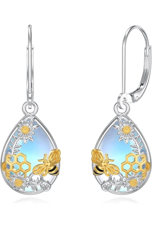 Bumble Bee Moonstone Earrings 925 Sterling Silver Teardrop Moonstone Leverback Dangle Earrings Bee Jewelry Gifts for Women