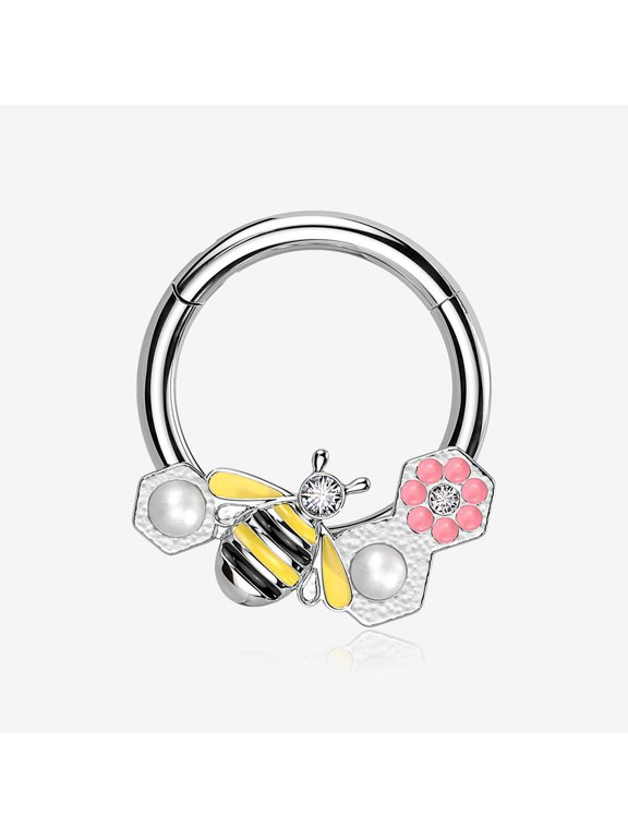 Bumble Bee Pearlescent Honeycomb Flower Clicker Hoop Ring