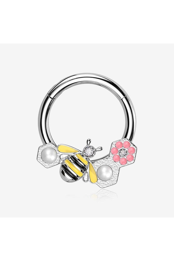 Bumble Bee Pearlescent Honeycomb Flower Clicker Hoop Ring