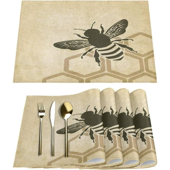 Bumble Bee Placemats Set of 6 Washable Kitchen Dining Table Mats 12 x 18 Inch Modern Cloth Place Mats Non-Slip Heat Resistant Placemats for Home Farmhouse Kitchen Dinner Party Decor