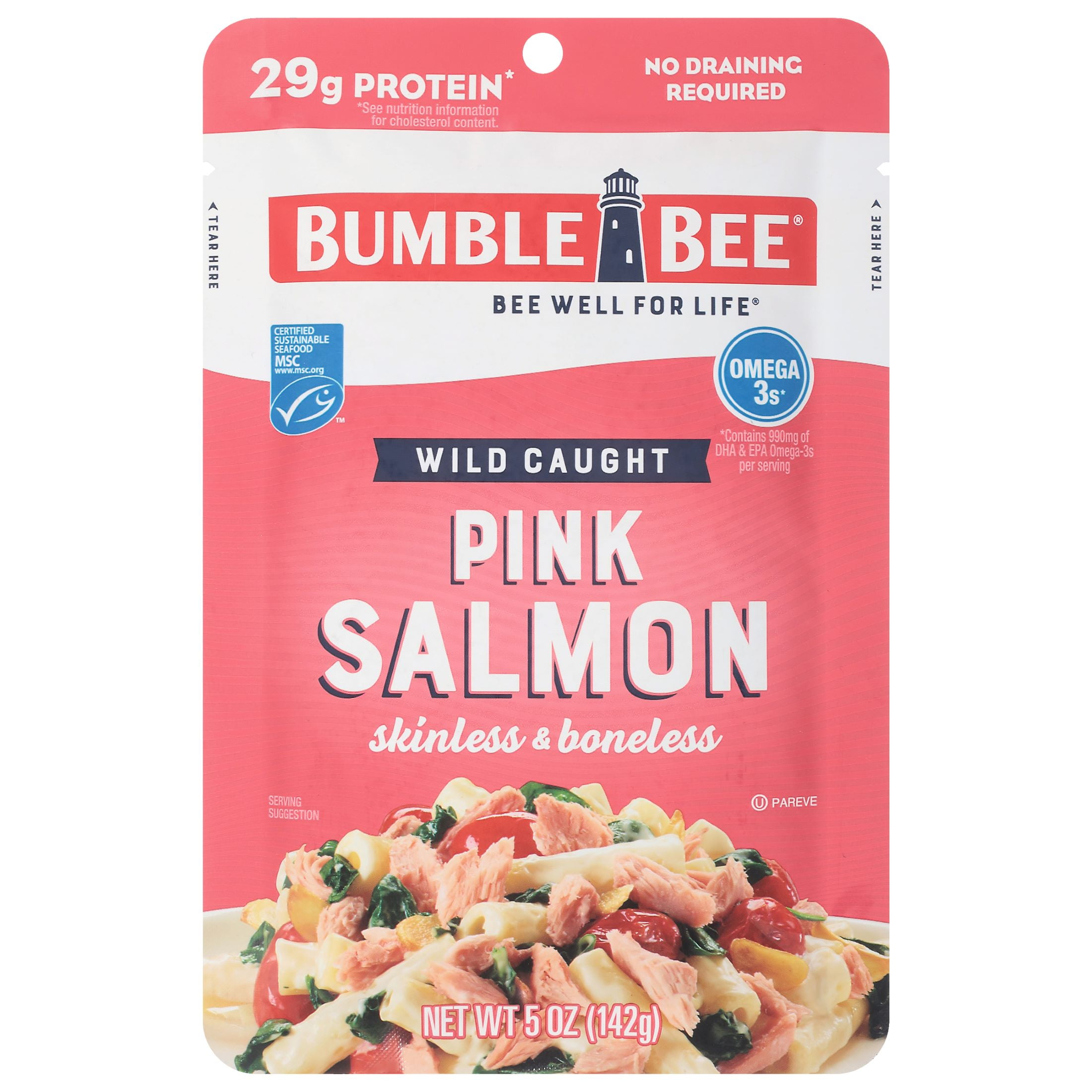 Bumble Bee Skinless & Boneless Pink Salmon, Wild Caught, Gluten Free, Kosher, 29g Protein per Serving, Shelf Stable Pouch, 5 oz