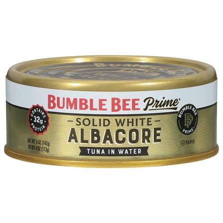 Bumble Bee Prime Solid White Albacore Tuna in Water, Wild Caught, Gluten Free, 32g Protein Per Serving, Shelf Stable Can, 5 oz