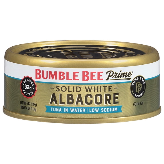 Bumble Bee Prime Low Sodium Solid White Albacore Tuna in Water, Wild Caught, Gluten Free, 32g Protein per Serving, Shelf Stable Can, 5oz