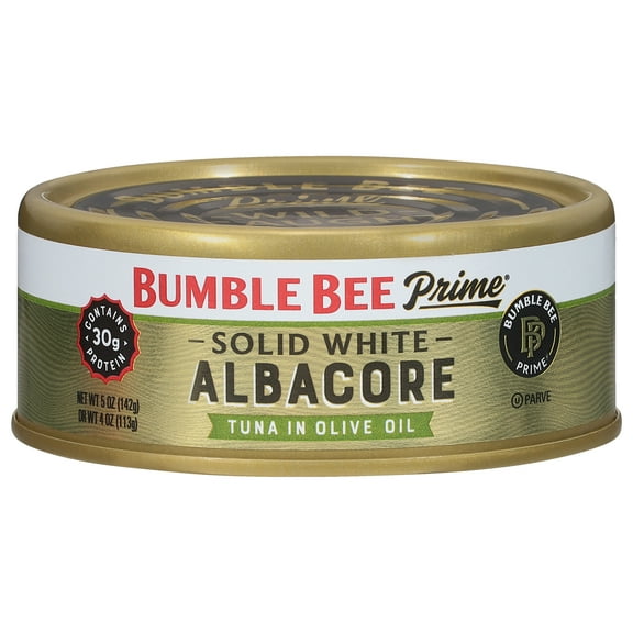 Bumble Bee Prime Solid White Albacore Tuna in Olive Oil, Wild Caught, Gluten Free, 30g Protein per Serving, Shelf Stable Can, 5 oz