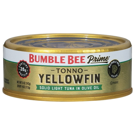 Bumble Bee Prime Tonno Yellowfin Tuna in Olive Oil, Wild Caught, Gluten Free, 28g Protein per Serving, Shelf Stable Can, 5 oz