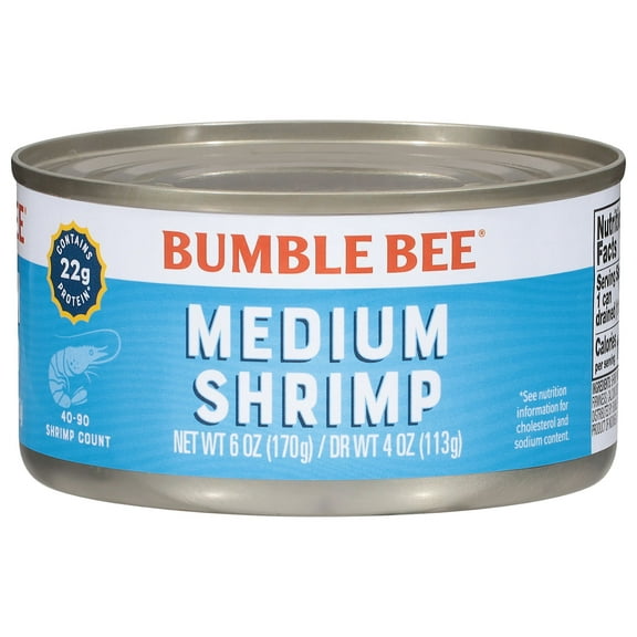 Bumble Bee Medium Canned Shrimp, Gluten Free, 22g Protein Per Serving, Ready to Eat, Shelf Stable Can, 6 oz