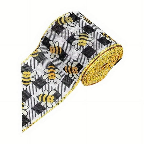 Bumble Bee Ribbon Wired Polka Dot Wired Edge Ribbon Bee Vertical Stripe Craft Ribbon Decorative Ribbon for Wrapping, Party Decoration, Hair Bows