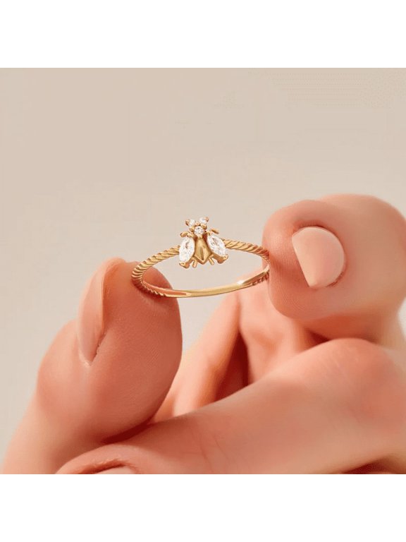 Bumble Bee Ring -14k Yellow Gold Finish Tiny Statement Ring for Women - Animal Ring - Unique Pinky Signet Ring -Stackable Band