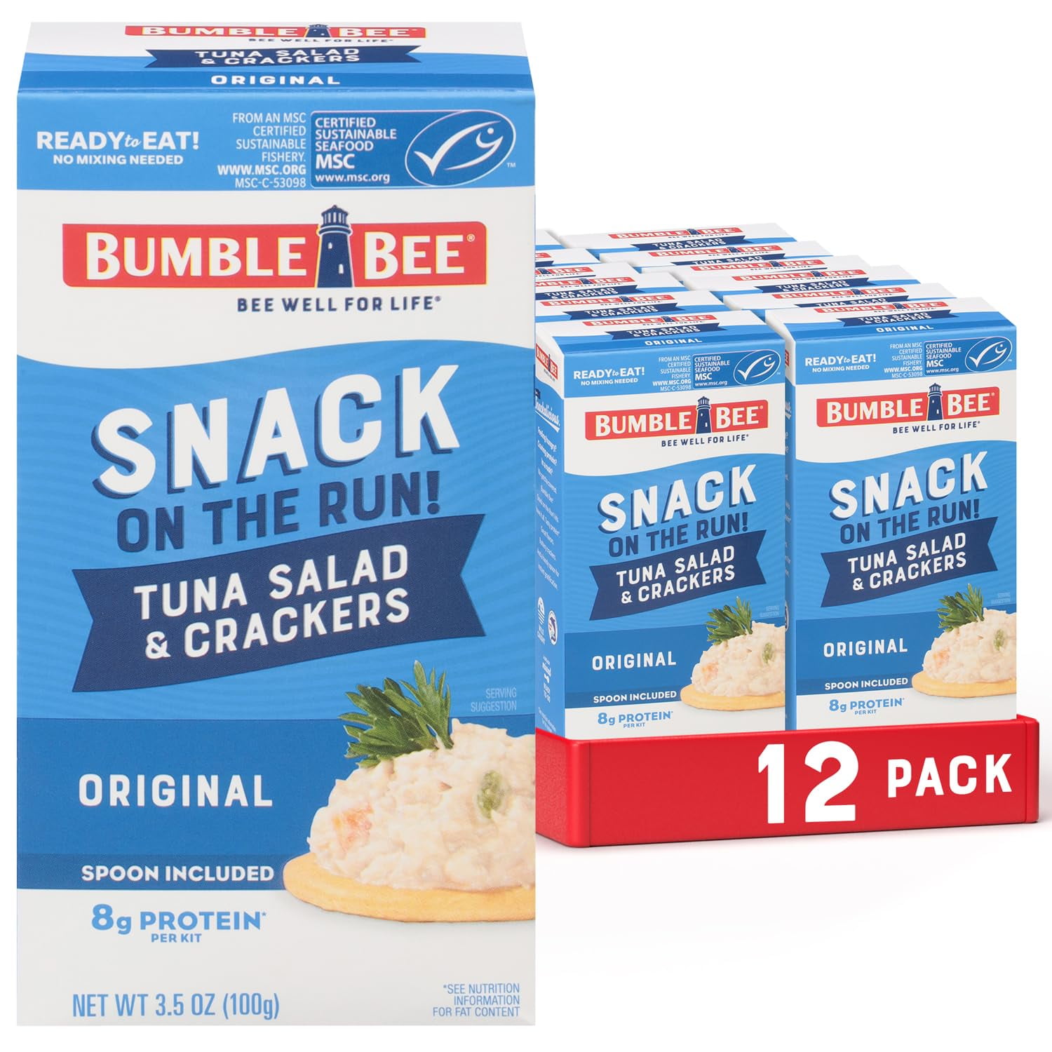 Bumble Bee Snack On MZF22 The Run Tuna Salad with Crackers Kit, 3.5 oz (Pack of 12) - Ready to Eat, Spoon Included - Wild Caught Tuna - Shelf Stable & Convenient Protein Snack