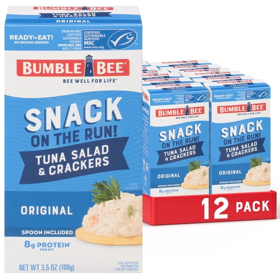 (12 pack) Bumble Bee Snack on The Run Tuna Salad with Crackers Kit, Wild Caught, Ready to Eat, Spoon Included, Shelf Stable Box, 3.5oz
