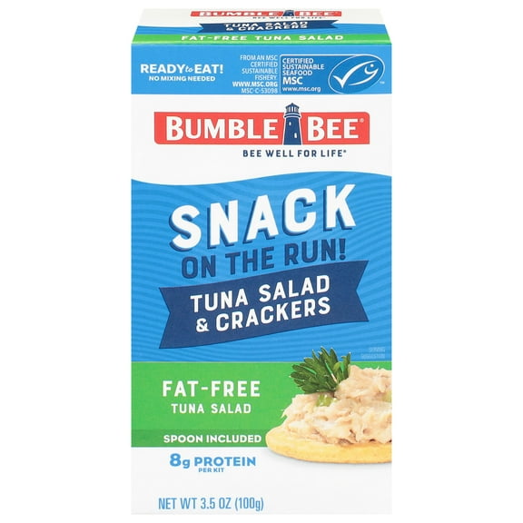Bumble Bee Snack on The Run Fat Free Tuna Salad with Crackers Kit, 8g Protein Per Serving, Ready to Eat, Spoon Included, Shelf Stable Box, 3.5 oz