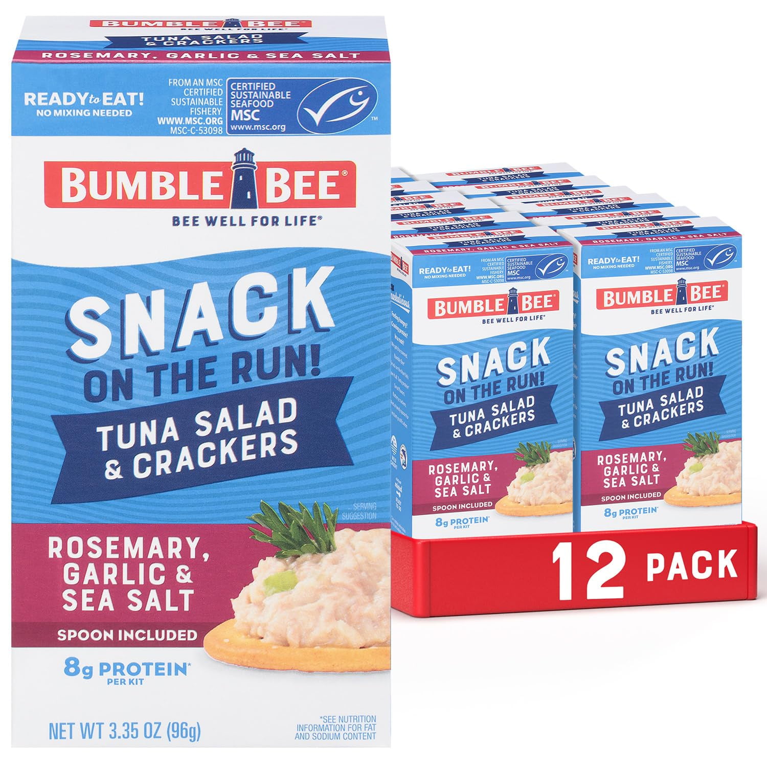 Bumble Bee Snack On TGF4The Run Rosemary, Garlic & Sea Salt Tuna Salad with Crackers Kit, High Protein Snack Food, Canned Tuna, Healthy Snacks for Adults, 3.35 Ounce (Pack of 12)