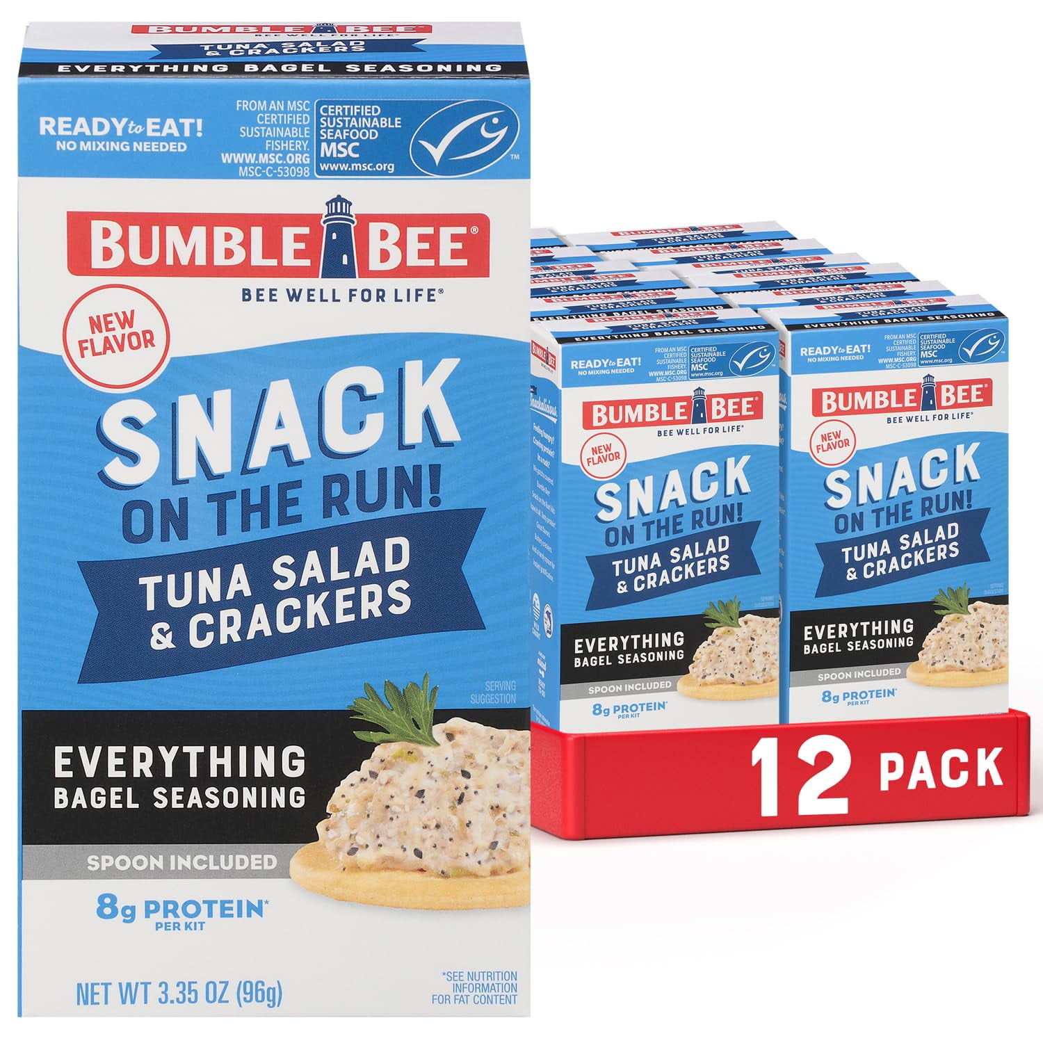Bumble Bee Snack On XEF1The Run Everything Bagel Tuna Salad With Crackers Kit, 3.35 oz (Pack of 12) - Ready To Eat, Spoon Included - Wild Caught Tuna - Shelf Stable & Convenient Protein Snack