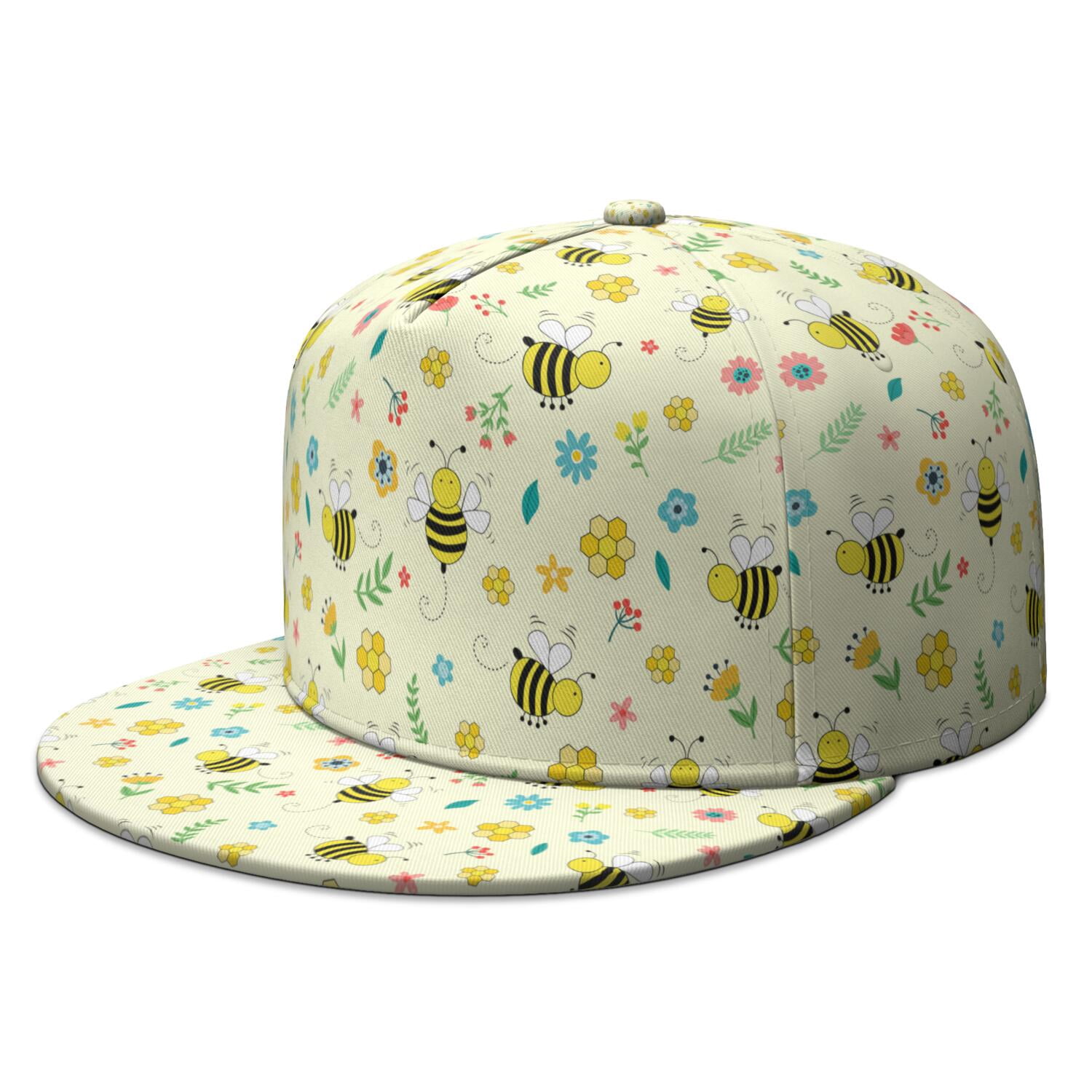 Bumble Bee Snapback Hat - Honeycomb Print Flat Brim Cap for Men & Women ...
