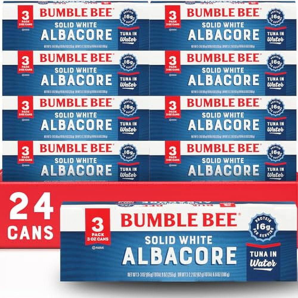 Bumble Bee Solid White Albacore Tuna in Water, 3 oz Cans (8 packs of 3, 24 total) - Wild Caught Tuna - 16g Protein per Serving - Non-GMO Project Verified, Gluten Free, Kosher - Great for Tuna Salad