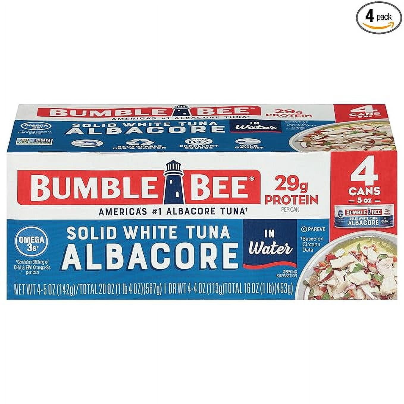 Bumble Bee Solid White Albacore Tuna in Water, 5 oz Can (Pack of 4) - Wild Caught Tuna - 29g Protein per Serving, High in Omega-3s - Non-GMO Project Verified, Gluten Free, Kosher