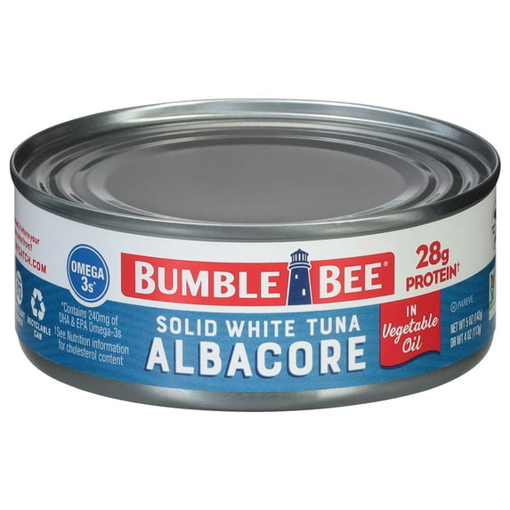 Bumble Bee Solid White Albacore Tuna in Oil, Wild Caught, Gluten Free, 28g Protein per Serving, Ready to Eat, Shelf Stable Can, 5 oz