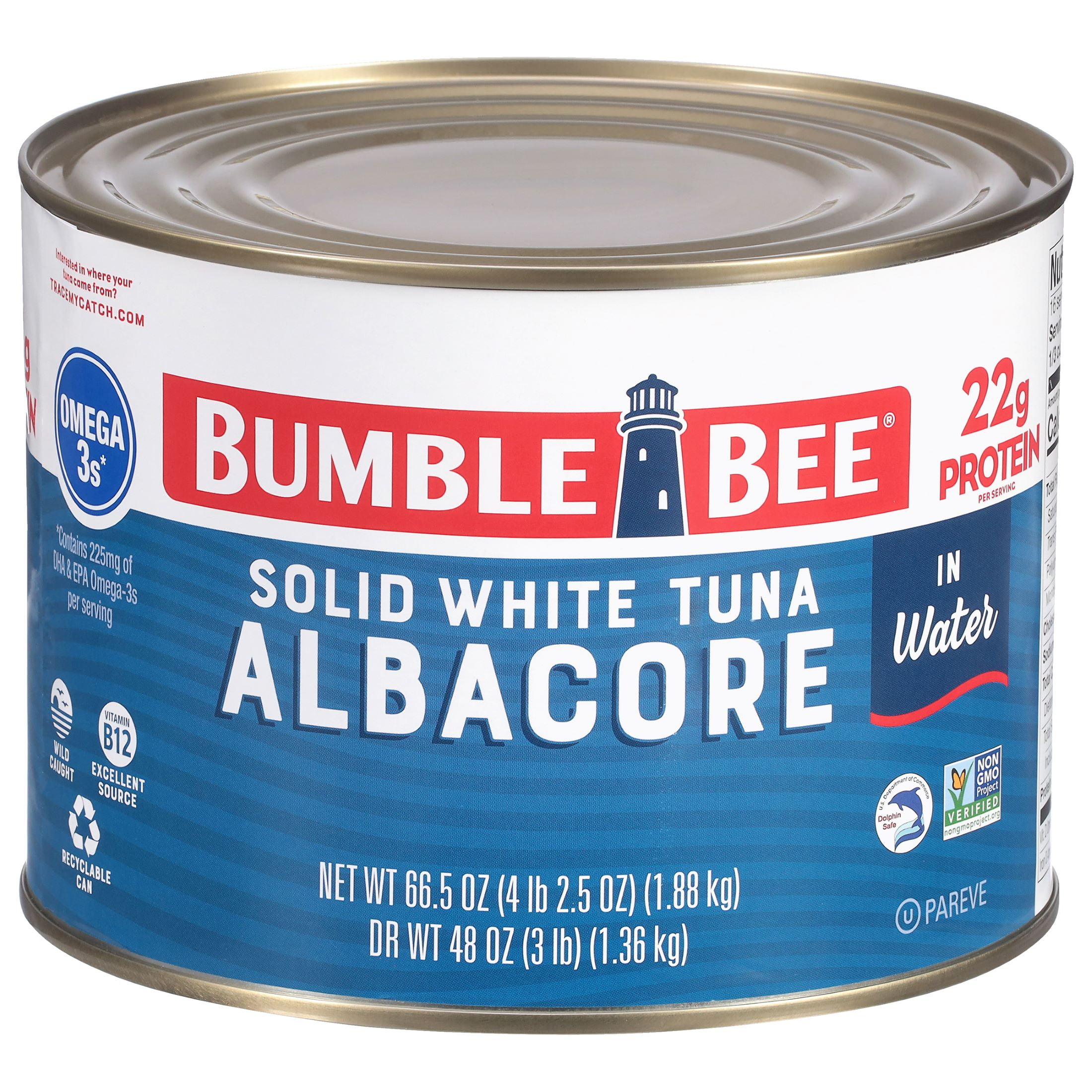 Bumble Bee Solid White Albacore Tuna in Water, Wild Caught, Gluten Free, 22g Protein per Serving, Shelf Stable Can, 66.5 oz