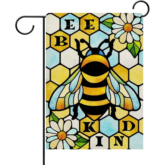Bumble Bee Stained Glass Garden Flag, Bee Kind Daisy Flower Honeycomb Design, Burlap Double Sided Outdoor Yard Decor, Small 12 x 18