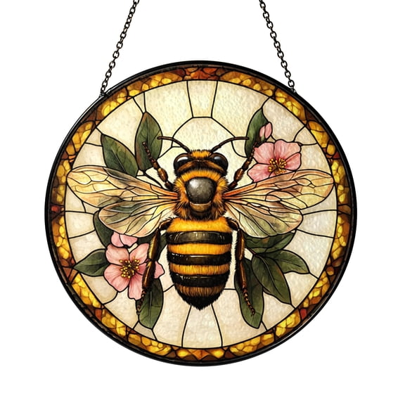 Bumble Bee Stained Glass Style Suncatcher, Fantasy Garden Window Hanging Art Decor, Nature Inspired Home Window Decoration