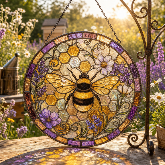 Bumble Bee Stained Glass Suncatcher Floral Honeycomb Window Hanging Gift