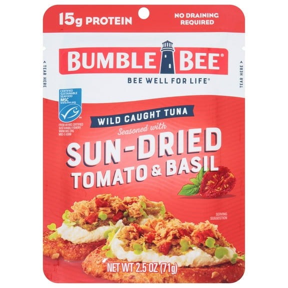 Bumble Bee Sun-Dried Tomato & Basil Seasoned Light Tuna, Wild Caught, Gluten Free, 15g Protein per Serving, Ready to Eat, Shelf Stable Pouch, 2.5 oz