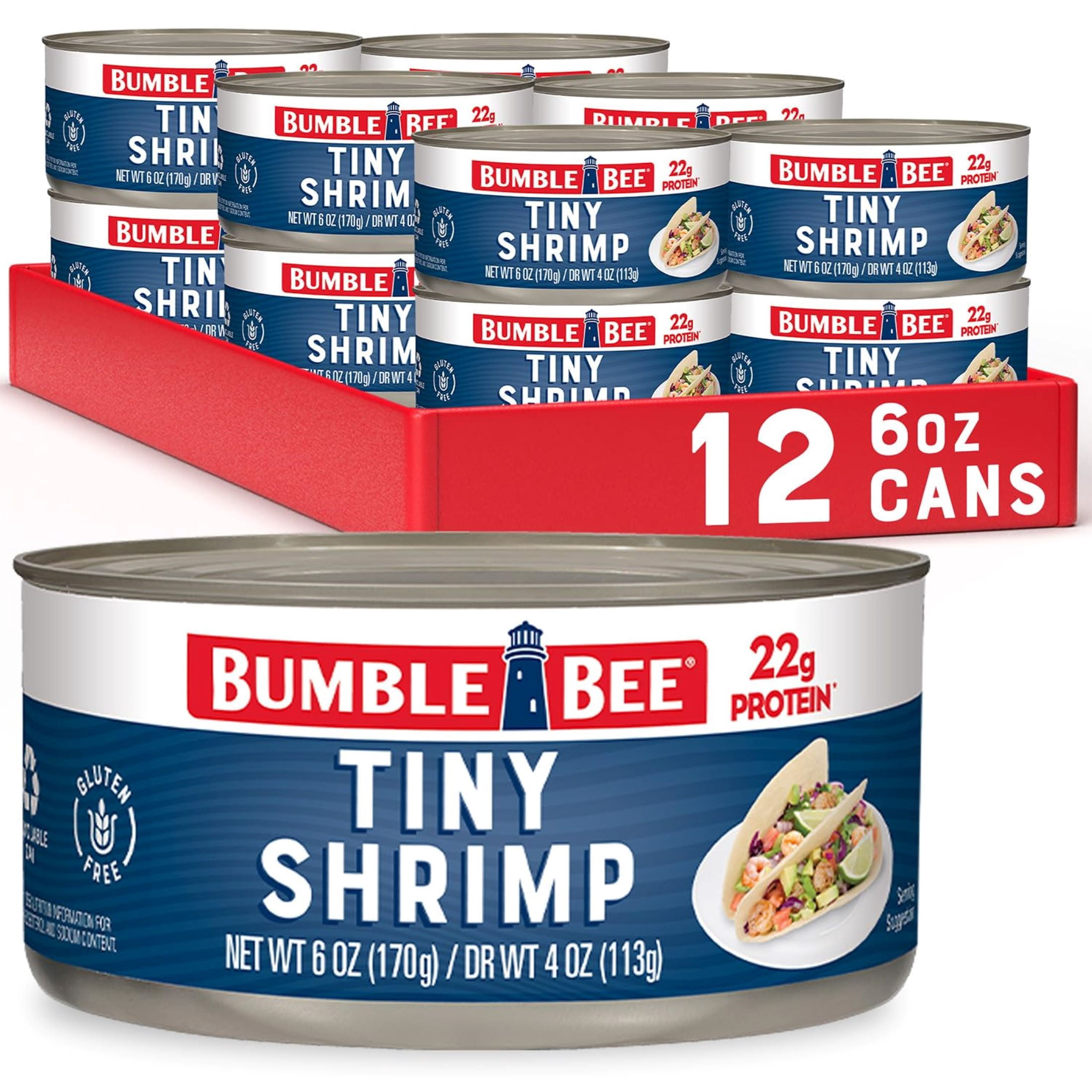 (12 pack) Bumble Bee Tiny Canned Shrimp, Gluten Free, 22g Protein Per Serving, Shelf Stable Can, 6 oz