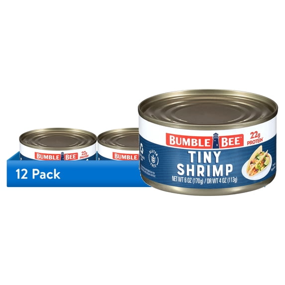 (12 pack) Bumble Bee Tiny Canned Shrimp, Gluten Free, 22g Protein Per Serving, Shelf Stable Can, 6 oz