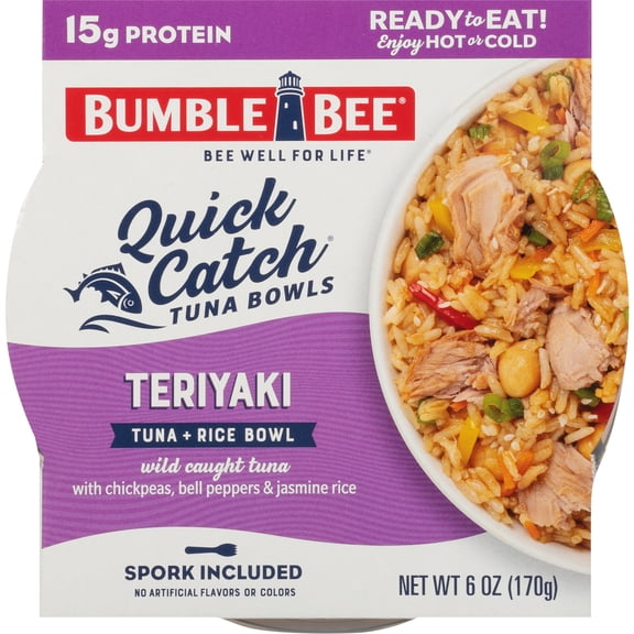 Bumble Bee Quick Catch Teriyaki Flavored Tuna and Rice Bowl, Wild Caught Light Tuna, 15g Protein Per Serving, Ready to Eat, Shelf Stable Bowl, 6 oz