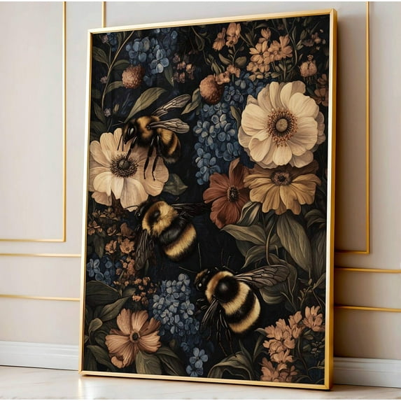Bumble Bee Wall Art, Vintage Farmhouse Bee Print, Cottagecore, Mid Century Botanical, Dark Academia Bee Lover Gift Wall Art, Modern Wall Decor, 24x36 UNFRAMED