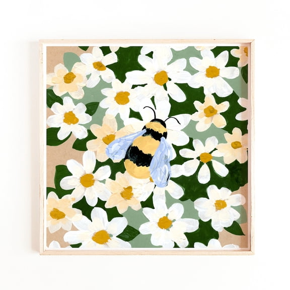 Bumble Bee Wall Print Floral Art with Ochre and Beige