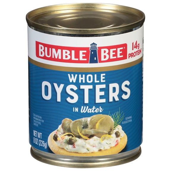 Bumble Bee Whole Canned Oysters in Water, Gluten Free, 14g Protein per Serving, Shelf Stable Can, 8oz