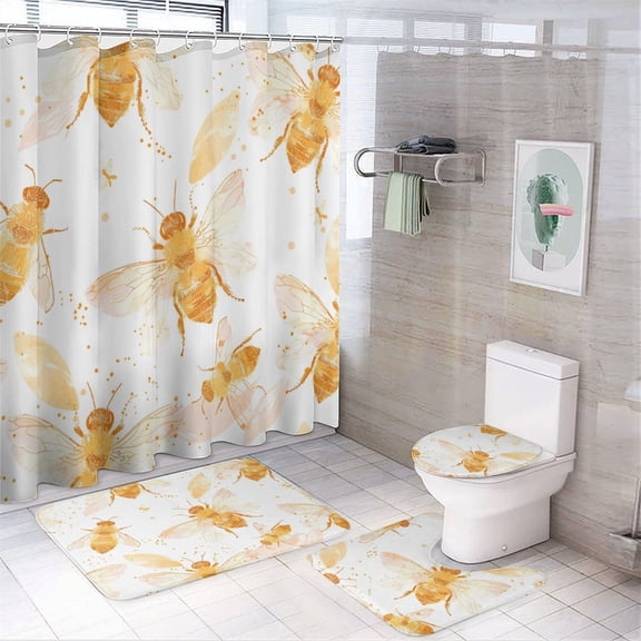 Bumble Bees 4 Piece Bathroom Rug Set with Shower Curtain Bathroom Decor Set with Non-Slip Rugs Toilet Lid Cover And Bath Mat Gifts for Bee Lovers Waterproof Fabric Bath Curtain for Bathtub Decor