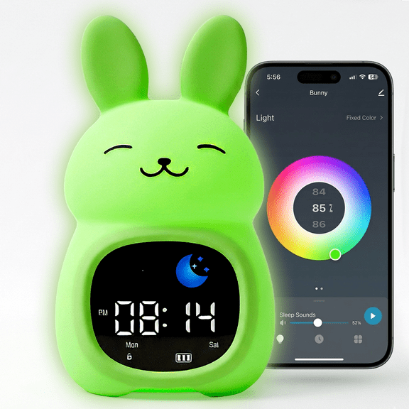 Bumble & Bright Kids Alarm Clock App-Controlled Sleep Trainer with 8 Night-Light Colors, 6 Soothing Sounds & Backup Battery USB-C Corded Bunny Clock for Boys & Girls