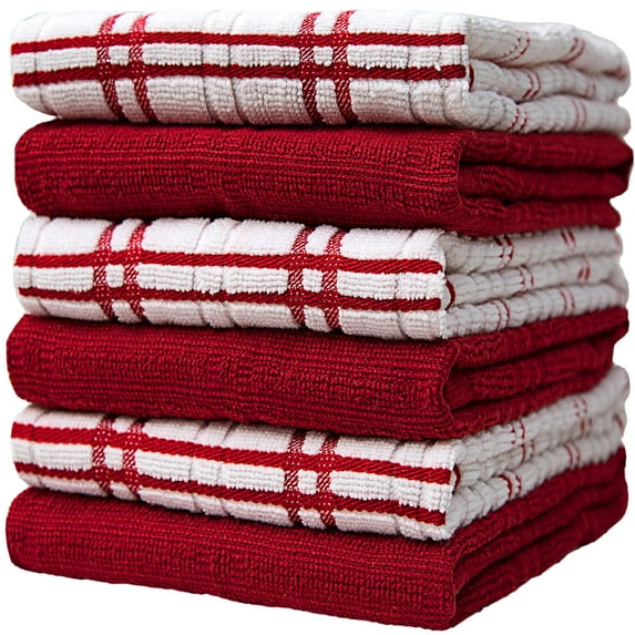 Bumble Premium Kitchen Hand Towels | 100% Cotton 16” x 26” | Absorbent Dish Cloths | 6 Pack (Red)