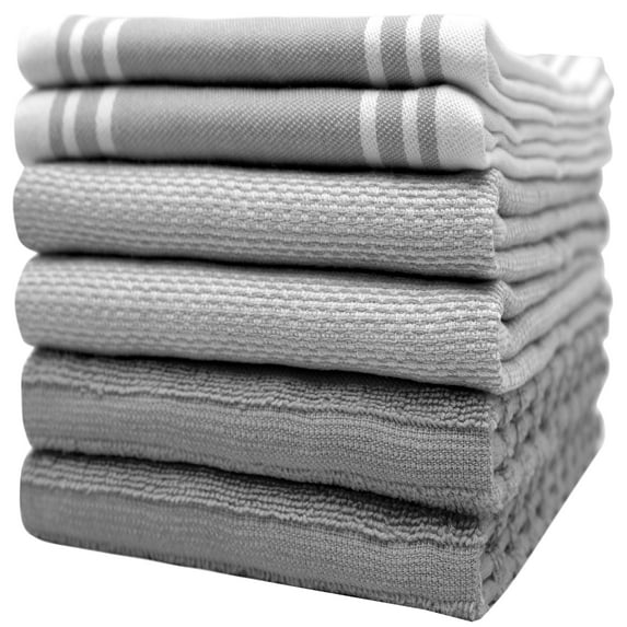Bumble Towels Premium Kitchen Towels (20”x 28”, 6 Pieces) – Large Cotton Kitchen Hand Towels – Vintage Striped Flat & Terry Towel – Highly Absorbent Tea Towels Set with Hanging Loop – Grey Color