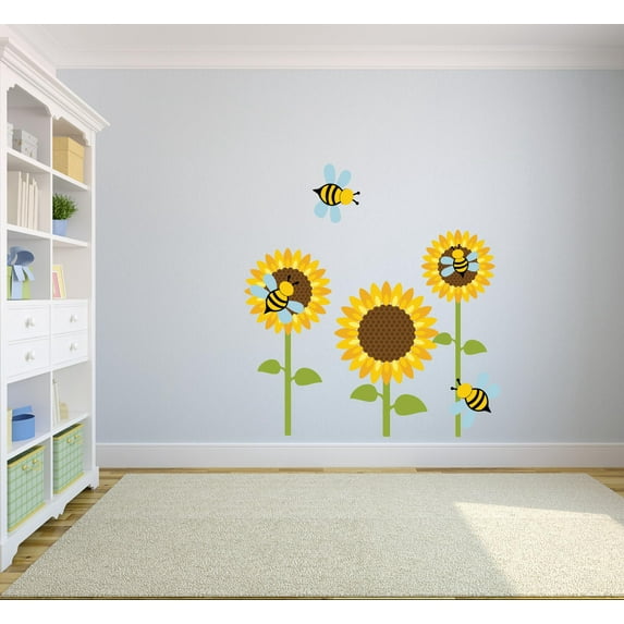 Bumblebee Bee Bees Sunflowers Animal Decors Wall Sticker Art Design Decal for Girls Boys Kids Room Bedroom Nursery Kindergarten House Fun Home Decor Stickers Wall Art Vinyl Decoration (30x17 inch)