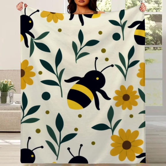Bumblebee and Bee Printed Blanket Soft Plush Bedspread, Lightweight and Warm Four Seasons Comfortable Bed or Sofa Cover, Yellow Bumblebee and Green Leaf Pattern