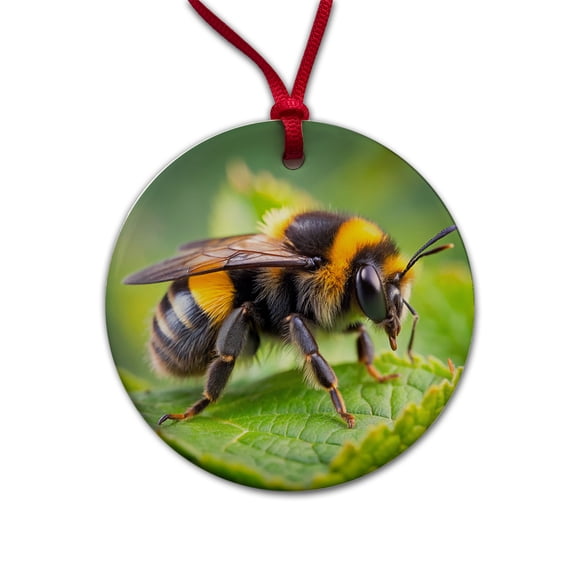 Bumblebee Bee on Leaf Christmas Tree Holiday Round Ceramic Ornament