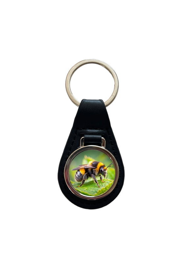 Bumblebee Bee on Leaf Metal Black Leather Keychain
