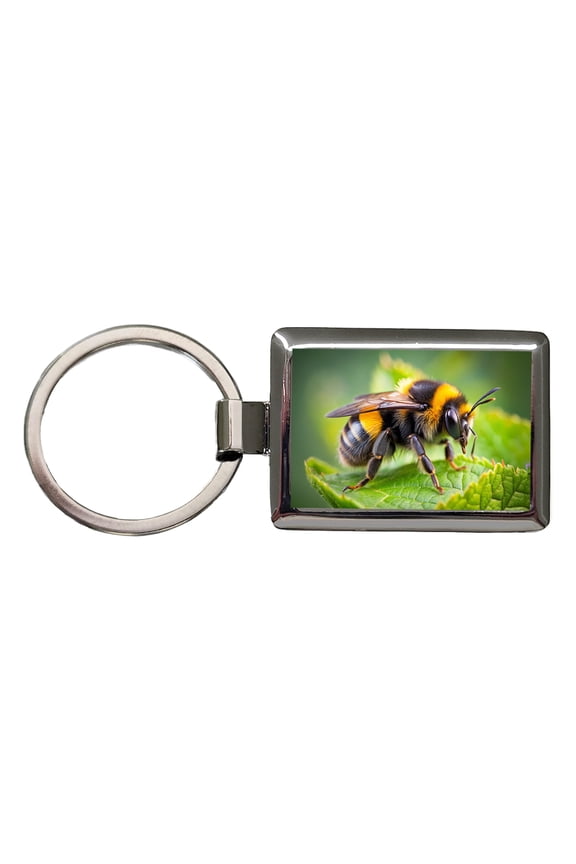Bumblebee Bee on Leaf Metal Rectangle Keychain