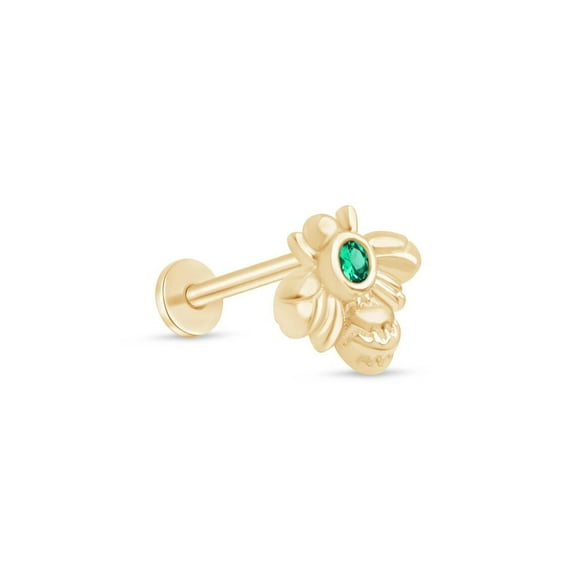 Bumblebee Flat Back Earring for Women 14K Solid Gold Emerald Gemstone Cartilage Tragus Helix Piercing Jewelry Small Single Stud Earring for Upper Ear