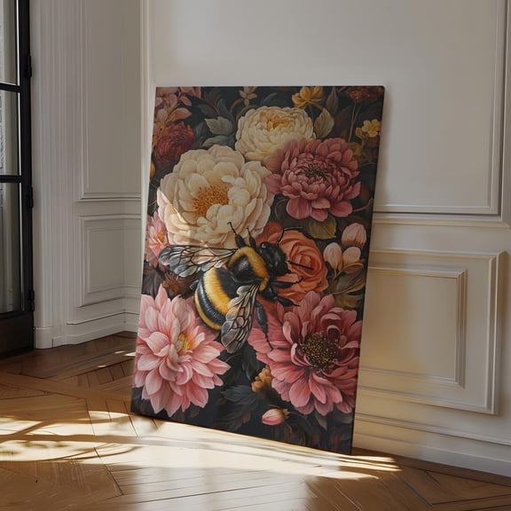 Bumblebee And Floral Wall Art, Vintage Botanical Print, Nature-Inspired Insect Decor, Cottagecore Bee Romantic Garden Art Wall Art, Modern Wall Decor, 12x18 UNFRAMED