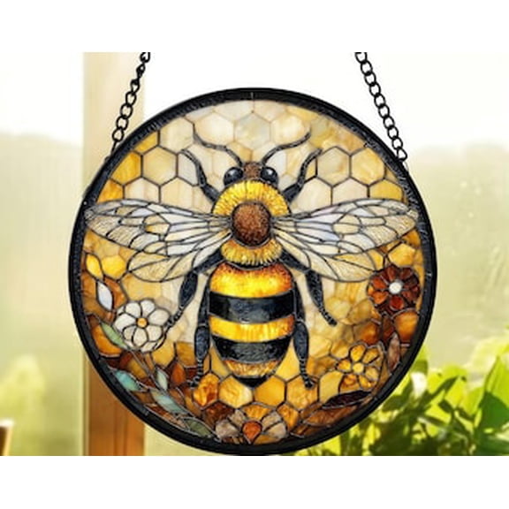 Bumblebee Glass Suncatcher, Honeycomb And Golden Flower Window Hanging, Nature Bee Wall Art, Gift For Gardeners And Bee Lovers, Suncatcher Window Hanging, 7.9 in
